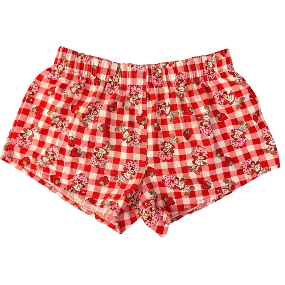 Strawberry Shortcake Gingham Pajama Lounge Shorts Pink Red Cotton Medium